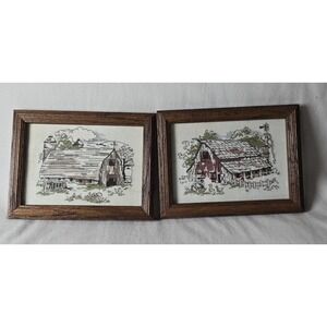 Barn Cross Stitch Needlepoint Framed Set Of 2 Country Grandma Cottagecore